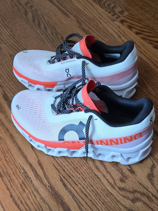 On Running Shoes - On Clouds Running Women White & Coral Pink Accent Sneakers.